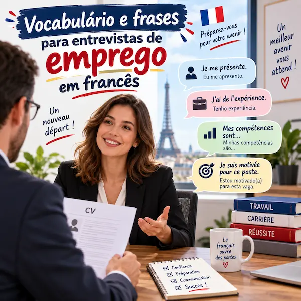 "Vocabulário e frases para entrevistas de emprego em francês: infográfico didático de post de blog com expressões profissionais, simulação de entrevista e tradução para estudantes