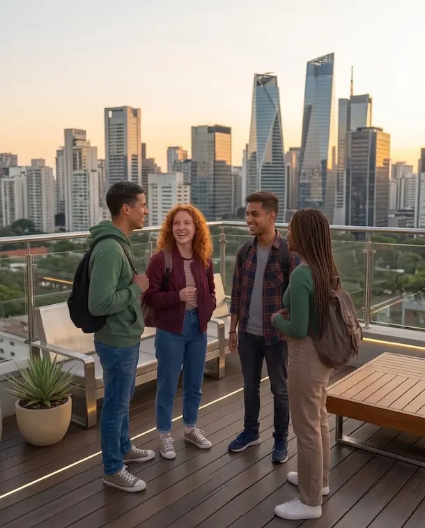 Alunos sorrindo em aula na Fourflags