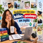 Vocabulário para hobbies e passatempos em inglês: imagem ilustrativa de post de blog com fotos e termos em inglês sobre atividades como tocar violão, viajar, cozinhar e fotografar.