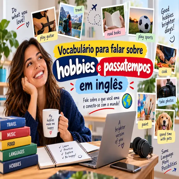 Vocabulário para hobbies e passatempos em inglês: imagem ilustrativa de post de blog com fotos e termos em inglês sobre atividades como tocar violão, viajar, cozinhar e fotografar.