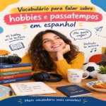"Vocabulário para falar sobre hobbies e passatempos em espanhol: infográfico ilustrado com jovem sorridente cercada de livros, câmera, fones de ouvido e balões de fala, oferecido pela FourFlags Language Center
