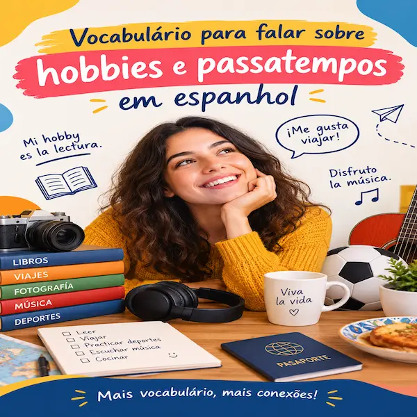 "Vocabulário para falar sobre hobbies e passatempos em espanhol: infográfico ilustrado com jovem sorridente cercada de livros, câmera, fones de ouvido e balões de fala, oferecido pela FourFlags Language Center