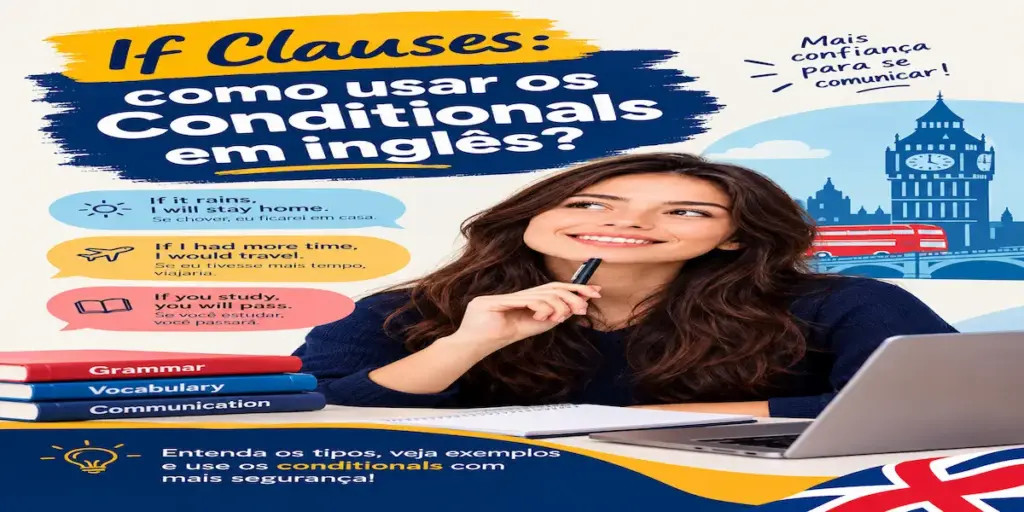 If clauses e conditionals em inglês: imagem ilustrativa com jovem estudante pensativa, exemplos de frases condicionais, livros de gramática e elementos de Londres, oferecido pela FourFlags Language Center