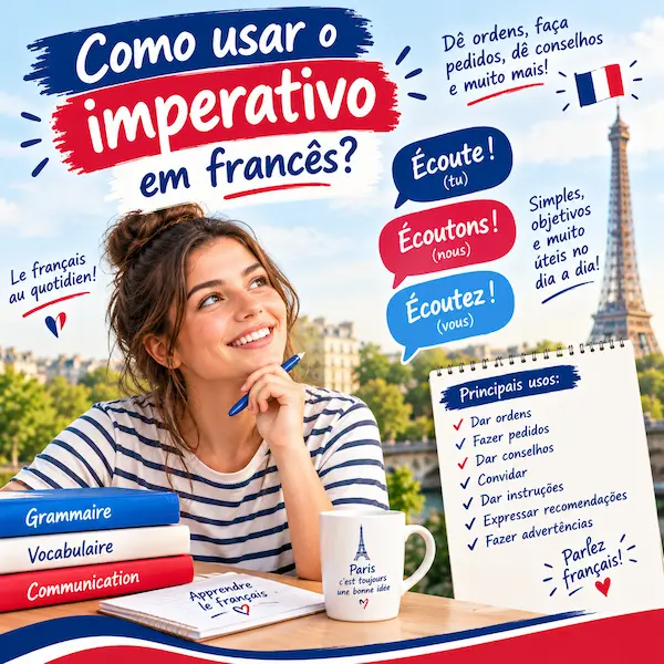 Como usar o imperativo em francês: infográfico educacional com regras gramaticais, conjugações para tu, nous e vous, e exemplos para dar ordens e conselhos, oferecido pela FourFlags Language Center