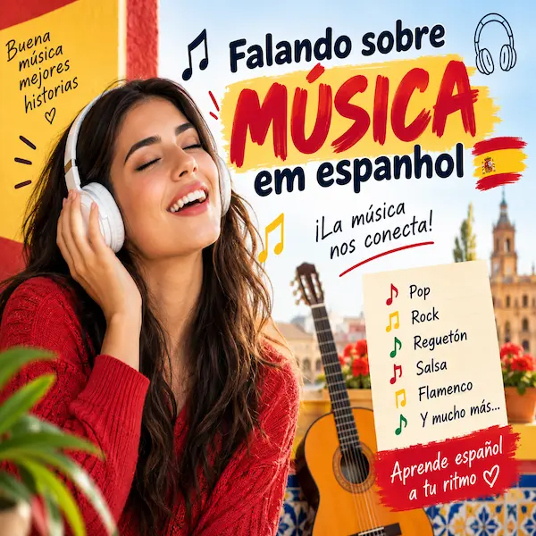 Falando sobre música em espanhol: infográfico com uma jovem ouvindo música com fones de ouvido, violão ao fundo e lista de estilos musicais como pop, rock, reguetón, salsa e flamenco.