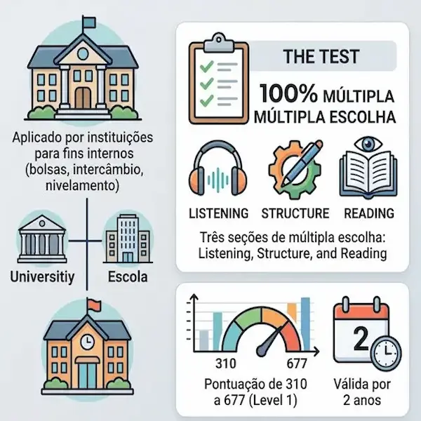 O que é o teste TOEFL: infográfico explicativo detalhando o exame de proficiência em inglês, estrutura das quatro habilidades (reading, listening, speaking, writing) e aceitação internacional.