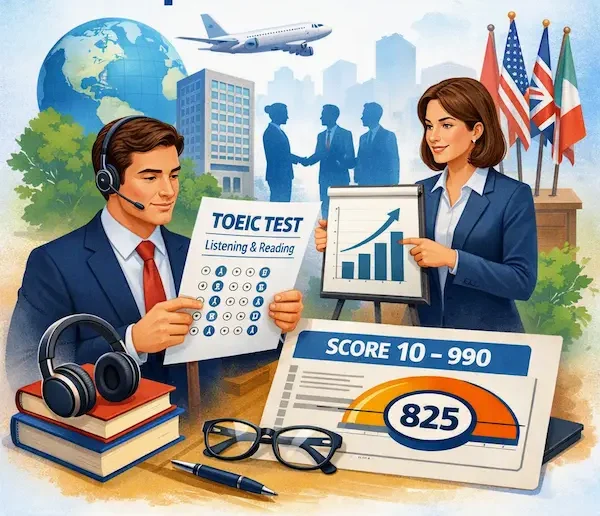 O que é o TOEIC: imagem explicativa de página de preparatório da FourFlags Language Center com testes de Listening & Reading, pontuação e contexto corporativo global.