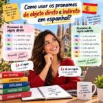 Como usar os pronomes de objeto direto e indireto em espanhol: infográfico didático da FourFlags Language Center com tabelas de conjugação, regras gramaticais e exemplos práticos traduzidos.