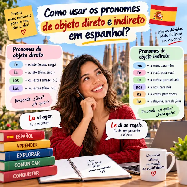 Como usar os pronomes de objeto direto e indireto em espanhol: infográfico didático da FourFlags Language Center com tabelas de conjugação, regras gramaticais e exemplos práticos traduzidos.