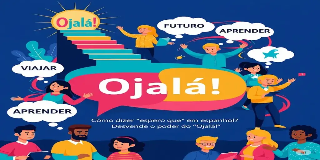 Como dizer tomara que em espanhol: imagem ilustrativa colorida com o termo Ojalá!, balões de pensamento e pessoas conversando, oferecido pela FourFlags Language Center