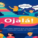 Como dizer tomara que em espanhol: imagem ilustrativa colorida com o termo Ojalá!, balões de pensamento e pessoas conversando, oferecido pela FourFlags Language Center