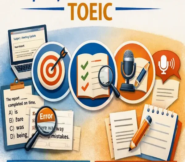 Preparação focada no exame TOEIC: infográfico explicativo da FourFlags Language Center com materiais de estudo, simulados, exercícios de gramática e áudio para certificação.