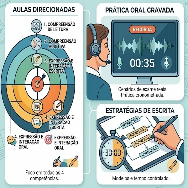 Preparação focada no exame SIELE: infográfico com aulas direcionadas para as quatro competências (leitura, audição, escrita e oral), prática oral gravada e estratégias de escrita.
