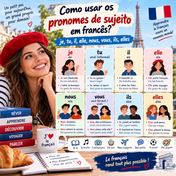 Como usar os pronomes de sujeito em francês: infográfico educacional de post de blog com tabela de pronomes pessoais (je, tu, il, elle, nous, vous, ils, elles), exemplos traduzidos e ilustrações.