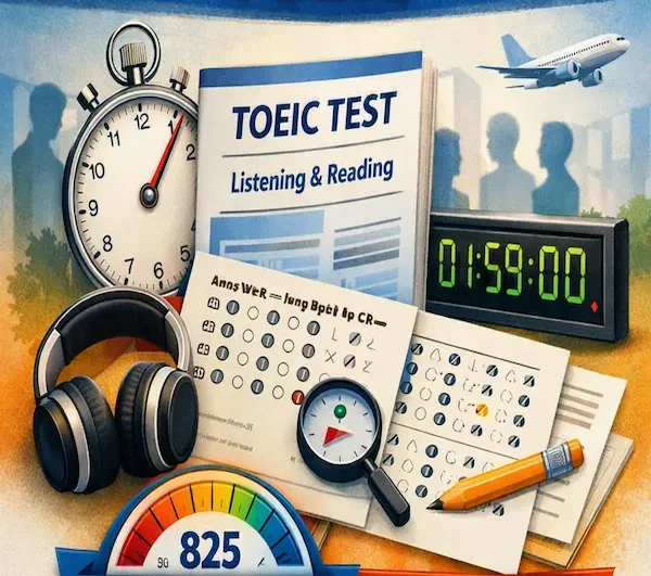 Simulados no formato oficial do TOEIC: imagem ilustrativa de página de preparatório com cronômetro, fone de ouvido para listening, folha de respostas e materiais de teste.