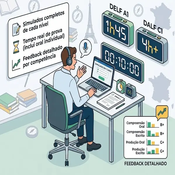 Simulados no formato oficial DELF e DALF: infográfico ilustrando simulados completos de francês em tempo real, incluindo prova oral individual e feedback detalhado por competência.