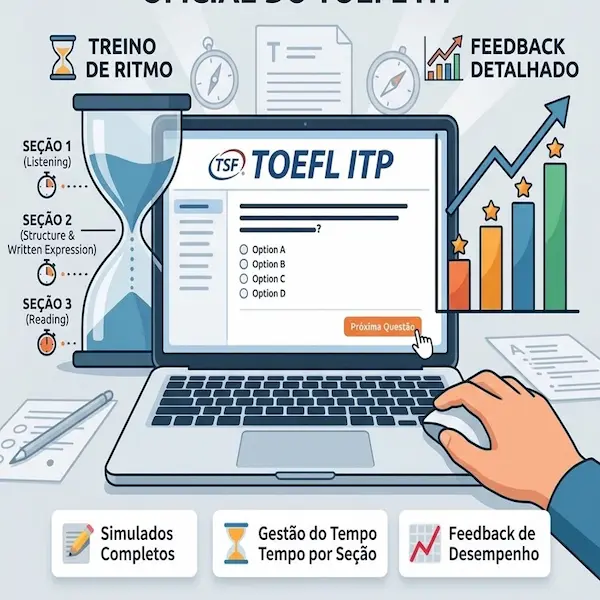 "Simulados no formato oficial TOEFL ITP: infográfico com treinos cronometrados por seção (Listening, Structure & Written Expression, Reading) e feedback detalhado de desempenho.