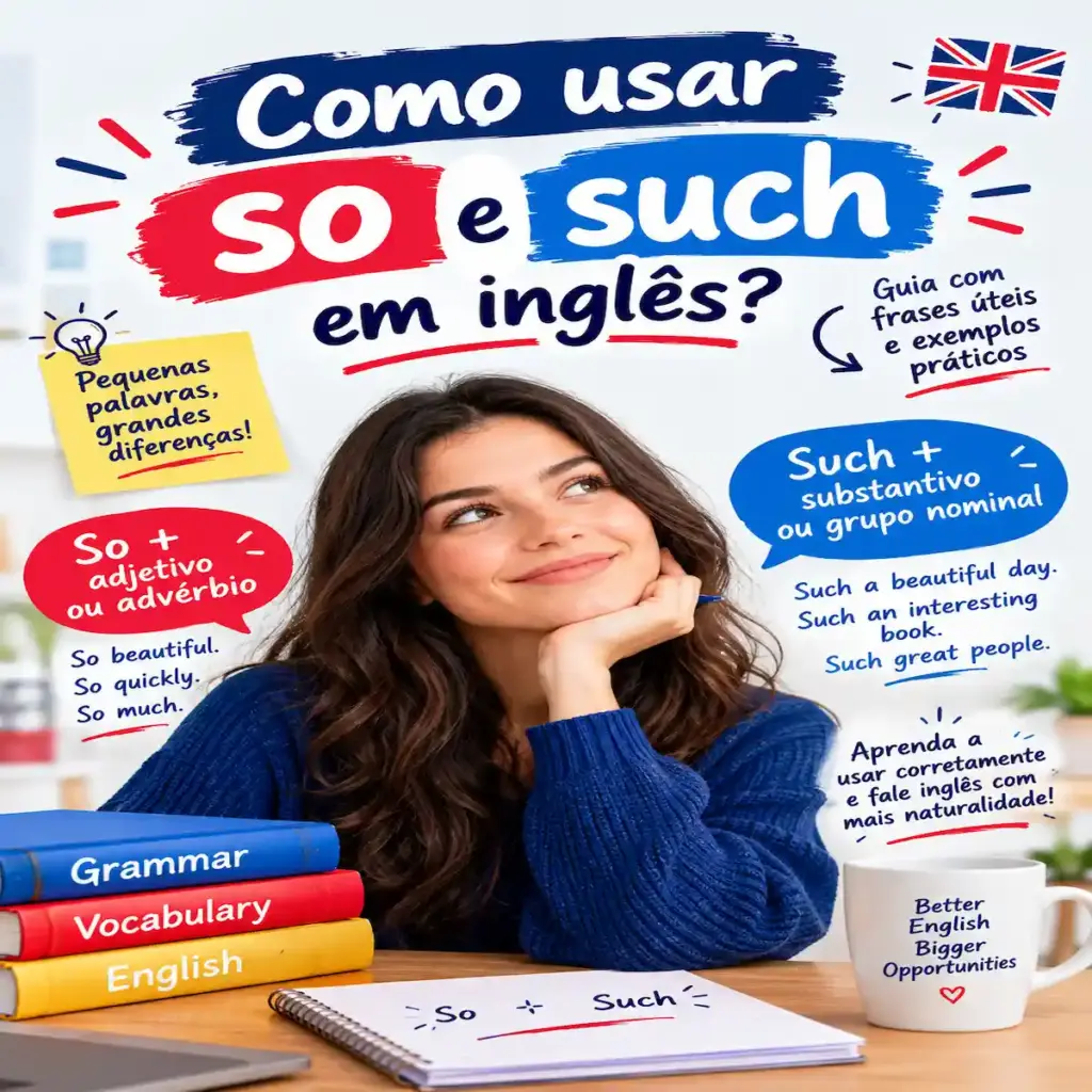 Como usar so e such em inglês: imagem ilustrativa com guia explicativo de gramática, livros e jovem sorridente, oferecido pela FourFlags Language Center