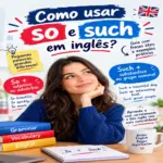 Como usar so e such em inglês: imagem ilustrativa com guia explicativo de gramática, livros e jovem sorridente, oferecido pela FourFlags Language Center