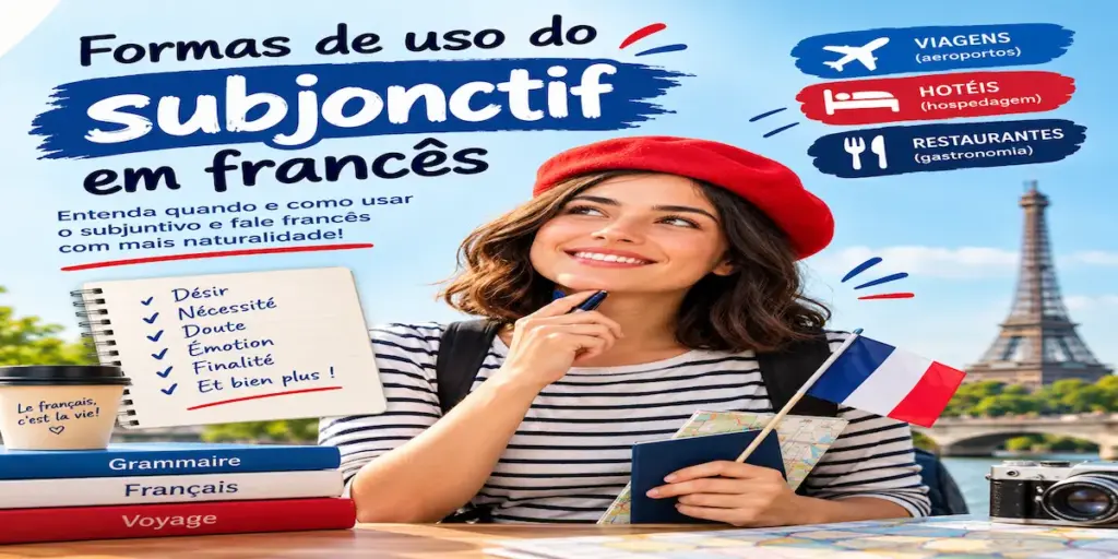 Uso do subjuntivo em francês (subjonctif): imagem ilustrativa com jovem de boina vermelha, bandeira da França e Torre Eiffel, oferecido pela FourFlags Language Center