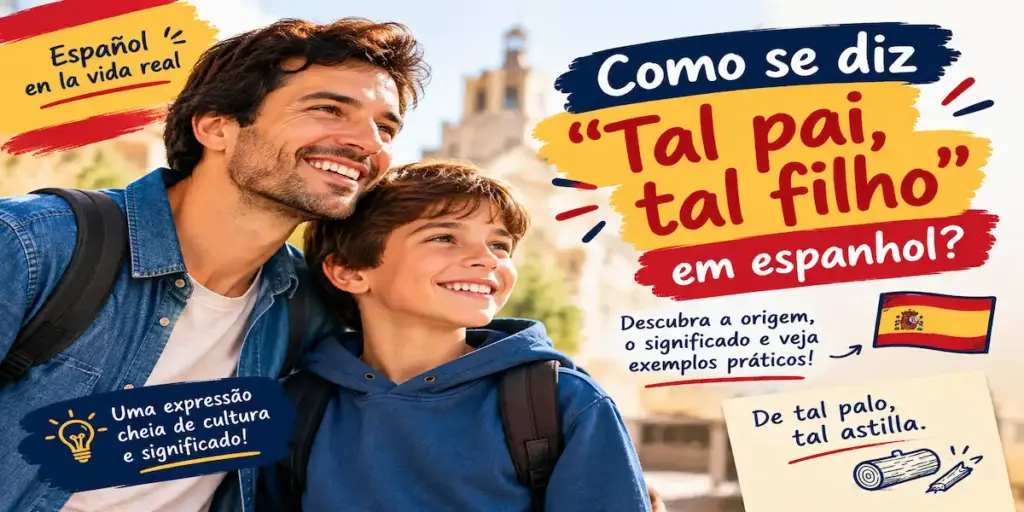 Como se diz “Tal pai, tal filho” em espanhol? 2 Como se diz tal pai tal filho em espanhol: imagem ilustrativa com pai e filho sorrindo e o provérbio 'De tal palo, tal astilla', oferecido pela FourFlags Language Center