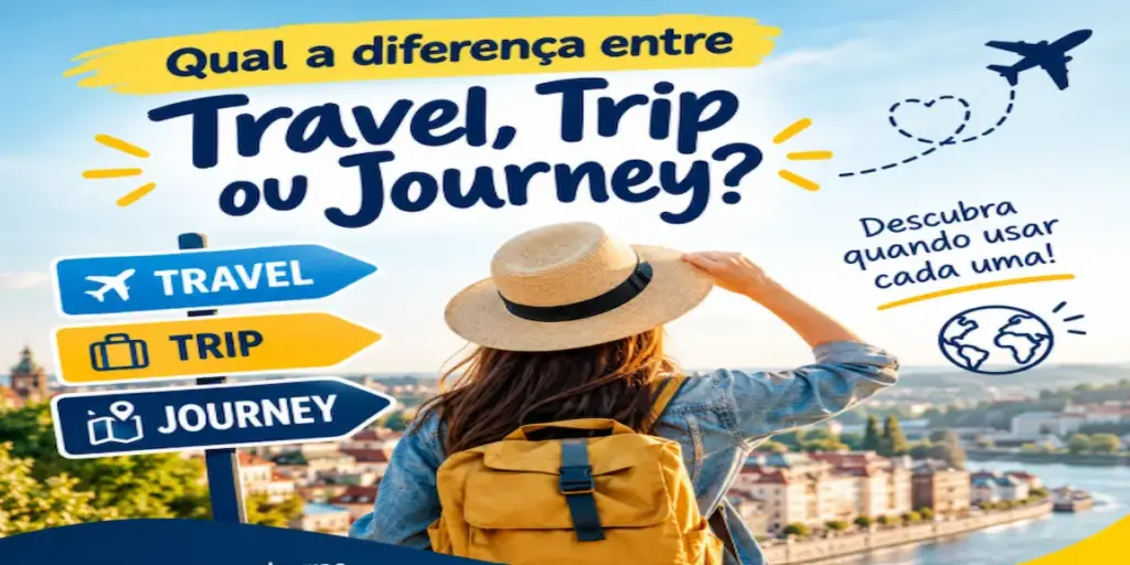 Qual a diferença entre travel, trip e journey? 2 Qual a diferença entre travel, trip e journey em inglês: imagem ilustrativa com placas indicativas, jovem viajante de mochila e chapéu, oferecido pela FourFlags Language Center