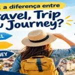 Qual a diferença entre travel, trip e journey em inglês: imagem ilustrativa com placas indicativas, jovem viajante de mochila e chapéu, oferecido pela FourFlags Language Center
