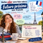 Verbo aller para falar sobre o futuro próximo em francês: infográfico e arte de blog da FourFlags Language Center com regras de conjugação, exemplos práticos e a Torre Eiffel ao fundo.