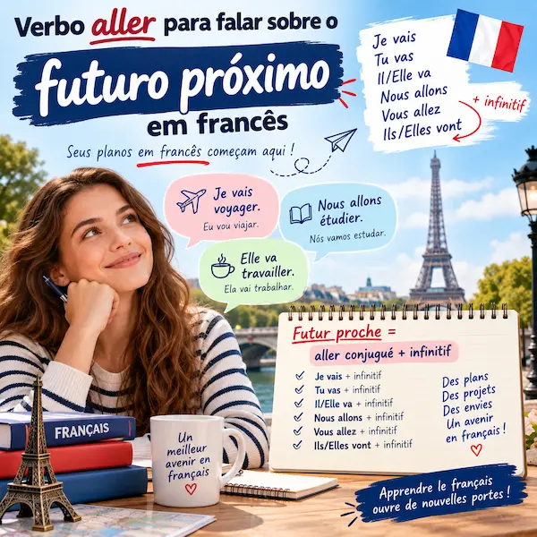 Verbo aller para falar sobre o futuro próximo em francês: infográfico e arte de blog da FourFlags Language Center com regras de conjugação, exemplos práticos e a Torre Eiffel ao fundo.