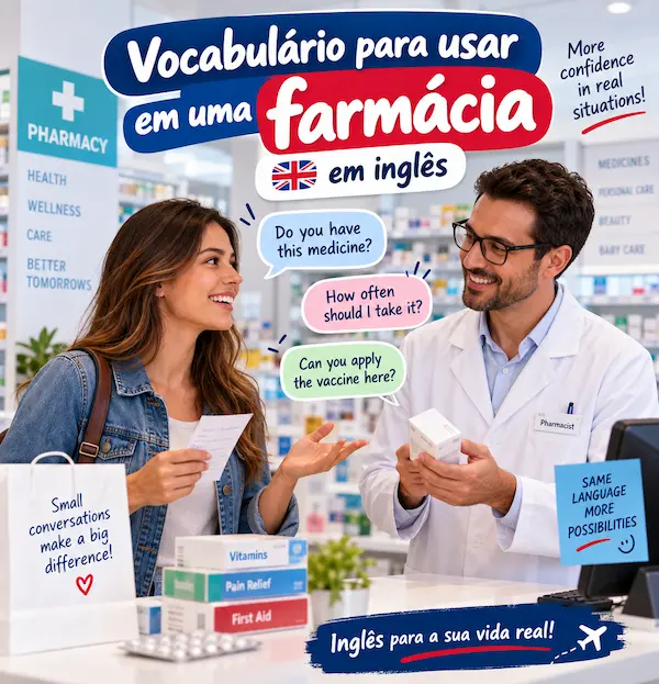 Vocabulário para usar em uma farmácia em inglês 2 Vocabulário para usar em farmácia em inglês: imagem ilustrativa de post de blog com frases essenciais, atendimento de farmacêutico e dicas de conversação.