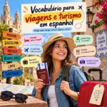 Vocabulário para viagens e turismo em espanhol: imagem ilustrativa de post de blog da FourFlags Language Center com frases úteis para turistas, passaporte e destinos turísticos.