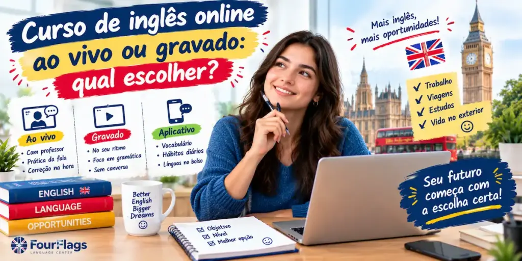 Curso de inglês online ao vivo ou gravado qual escolher: imagem ilustrativa com aluna pensativa ao computador analisando formatos de ensino ao vivo, gravado e por aplicativo, com o Big Ben ao fundo, livros de inglês e o logotipo da FourFlags Language Center