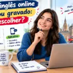 Curso de inglês online ao vivo ou gravado qual escolher: imagem ilustrativa com aluna pensativa ao computador analisando formatos de ensino ao vivo, gravado e por aplicativo, com o Big Ben ao fundo, livros de inglês e o logotipo da FourFlags Language Center
