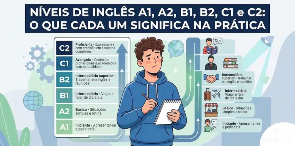 Níveis de inglês A1 a C2 o que cada um significa na prática: imagem ilustrativa com jovem estudante com caderno e caneta, gráfico com a escala de proficiência do A1 ao C2, ícones de conversação e o logotipo da FourFlags Language Center