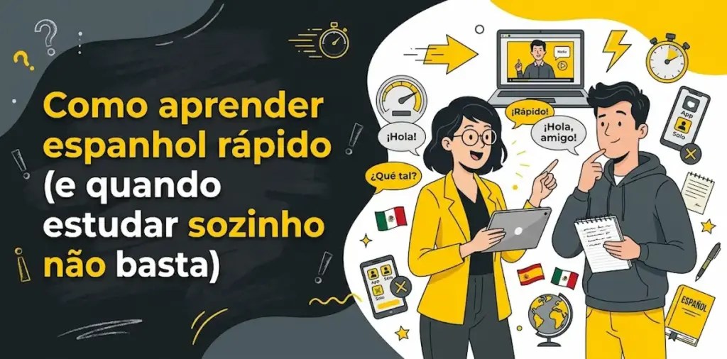 Como aprender espanhol rápido e quando estudar sozinho não basta: imagem ilustrativa com dois estudantes utilizando tablet e caderno, balões de fala em espanhol, bandeiras e livros, oferecido pela FourFlags Language Center