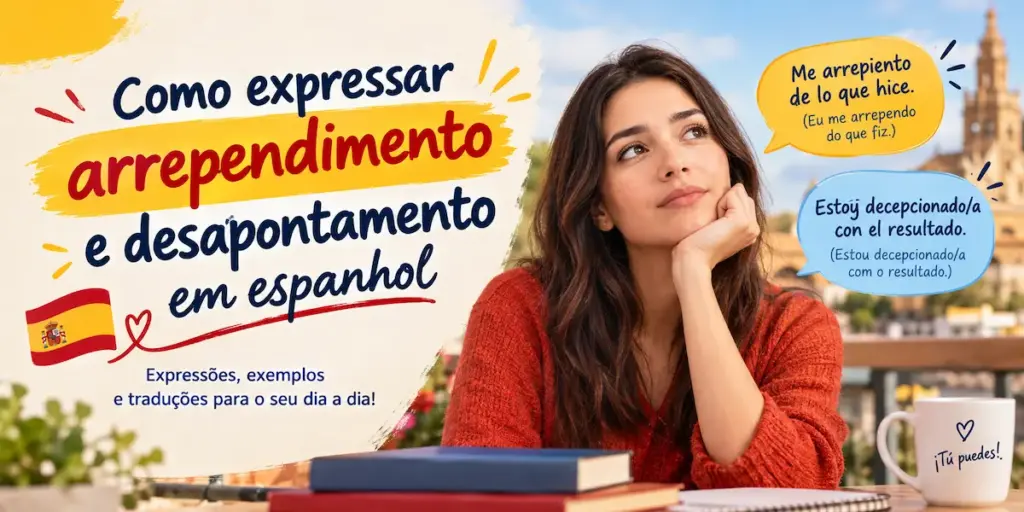 Como expressar arrependimento e desapontamento em espanhol: imagem ilustrativa com jovem pensativa com a mão no queixo, balões com frases de exemplo em espanhol e paisagem espanhola ao fundo, oferecido pela FourFlags