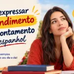 Como expressar arrependimento e desapontamento em espanhol: imagem ilustrativa com jovem pensativa com a mão no queixo, balões com frases de exemplo em espanhol e paisagem espanhola ao fundo, oferecido pela FourFlags