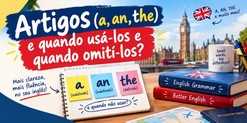 Artigos (a, an, the) em inglês: imagem ilustrativa com cadernos de gramática, notas adesivas destacando os artigos a, an e the, e paisagem de Londres ao fundo, oferecido pela FourFlags Language Center