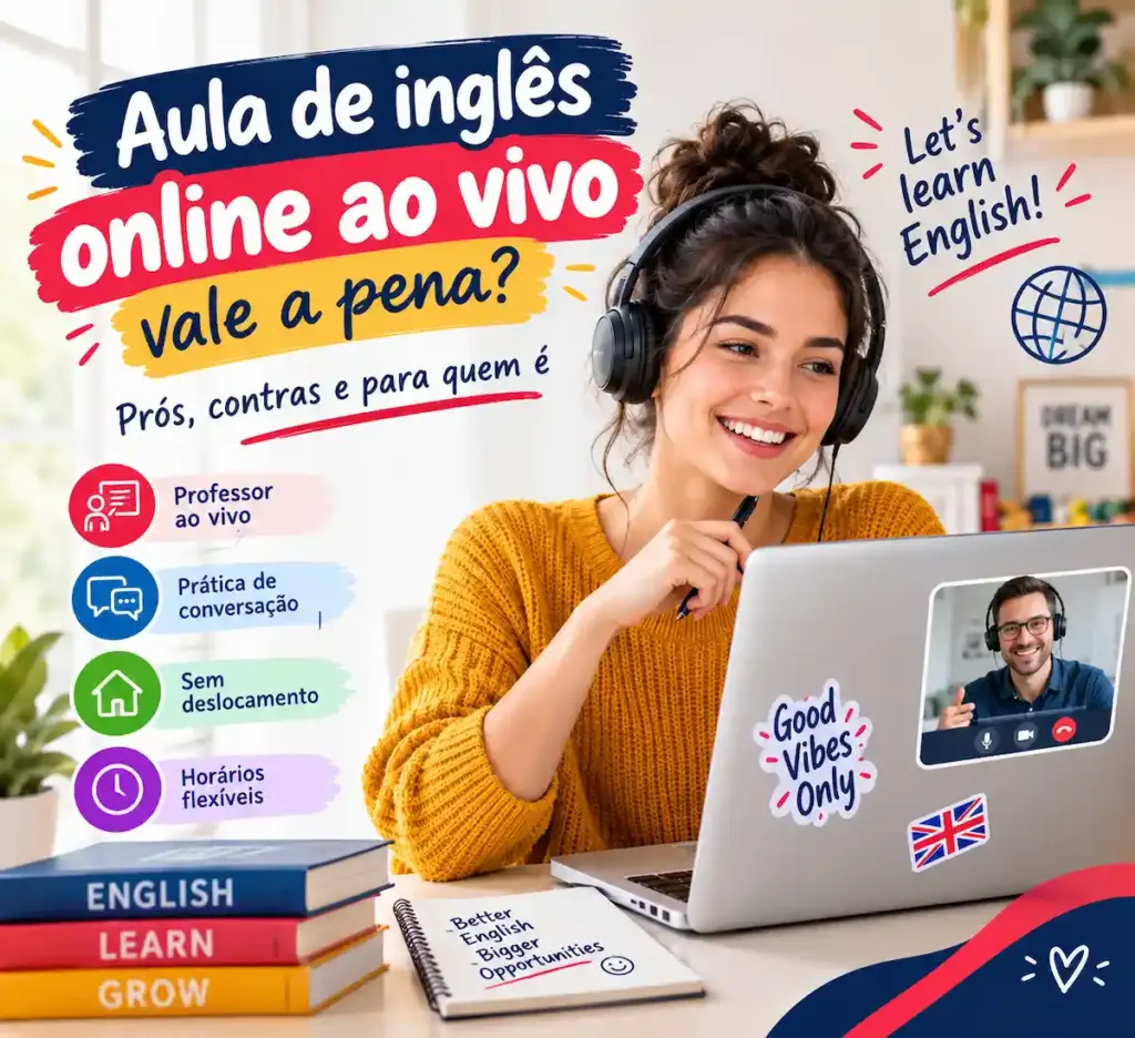 Aula de inglês online ao vivo: imagem ilustrativa com estudante a assistir a uma aula por computador com auriculares, professor no ecrã e tópicos de vantagens, oferecido pela FourFlags Language Center