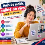 Aula de inglês online ao vivo: imagem ilustrativa com estudante a assistir a uma aula por computador com auriculares, professor no ecrã e tópicos de vantagens, oferecido pela FourFlags Language Center