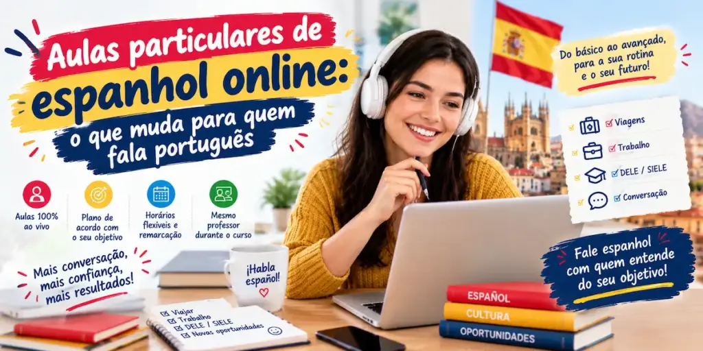 Aulas particulares de espanhol online o que muda para quem fala português: imagem ilustrativa com aluna sorridente de auscultadores a estudar no laptop, caneca com a frase Habla español, livros em espanhol, bandeira de Espanha ao fundo e tópicos sobre objetivos do curso, oferecido pela FourFlags Language Center