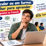 Aula particular ou em turma qual escolher para aprender inglês, espanhol ou francês: imagem ilustrativa com aluno pensativo no computador, comparando aula particular online no laptop com aula em turma presencial, acompanhada de livros de idiomas e bandeiras, oferecido pela FourFlags Language Center