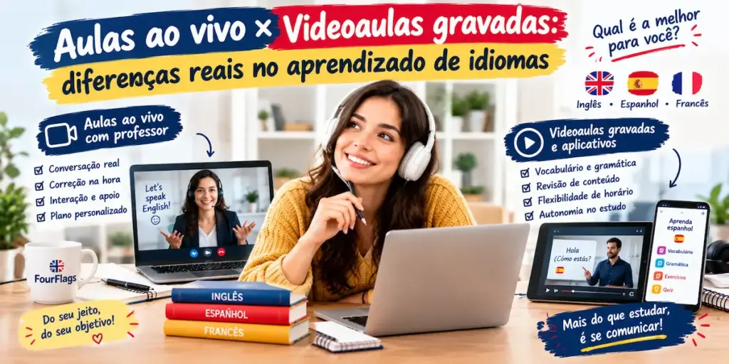 Aulas ao vivo × videoaulas gravadas: diferenças reais no aprendizado de idiomas 2 Aulas ao vivo x videoaulas gravadas diferenças reais no aprendizado de idiomas: imagem ilustrativa com aluna pensativa comparando aula ao vivo por videochamada no laptop com videoaula gravada e aplicativo em tablet e smartphone, acompanhada de livros de inglês, espanhol e francês, oferecido pela FourFlags Language Center