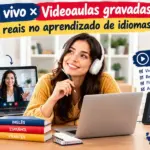 Aulas ao vivo x videoaulas gravadas diferenças reais no aprendizado de idiomas: imagem ilustrativa com aluna pensativa comparando aula ao vivo por videochamada no laptop com videoaula gravada e aplicativo em tablet e smartphone, acompanhada de livros de inglês, espanhol e francês, oferecido pela FourFlags Language Center