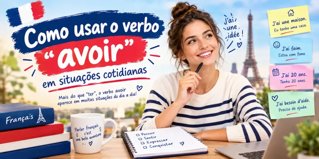 Como usar o verbo avoir no cotidiano: imagem ilustrativa com estudante escrevendo em um caderno, notas adesivas coloridas com exemplos de frases em francês e a Torre Eiffel ao fundo, oferecido pela FourFlags Language Center
