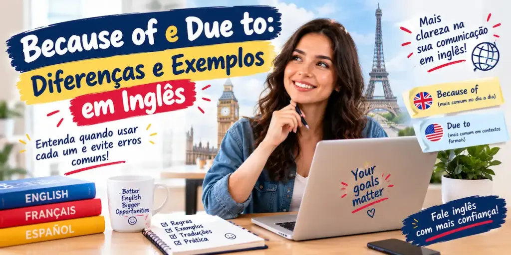 Because of e Due to diferenças e exemplos em inglês: imagem ilustrativa com aluna sorridente estudando no laptop, com livros de idiomas, bloco de anotações e monumentos internacionais ao fundo, oferecido pela FourFlags Language Center