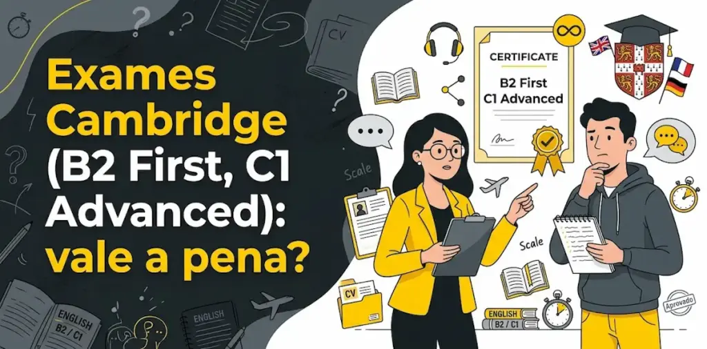 Exames Cambridge B2 First C1 Advanced vale a pena: imagem ilustrativa com dois estudantes avaliando certificados de proficiência de Cambridge, símbolo de validade vitalícia, capelo acadêmico, bandeiras internacionais e o logotipo da FourFlags Language Center