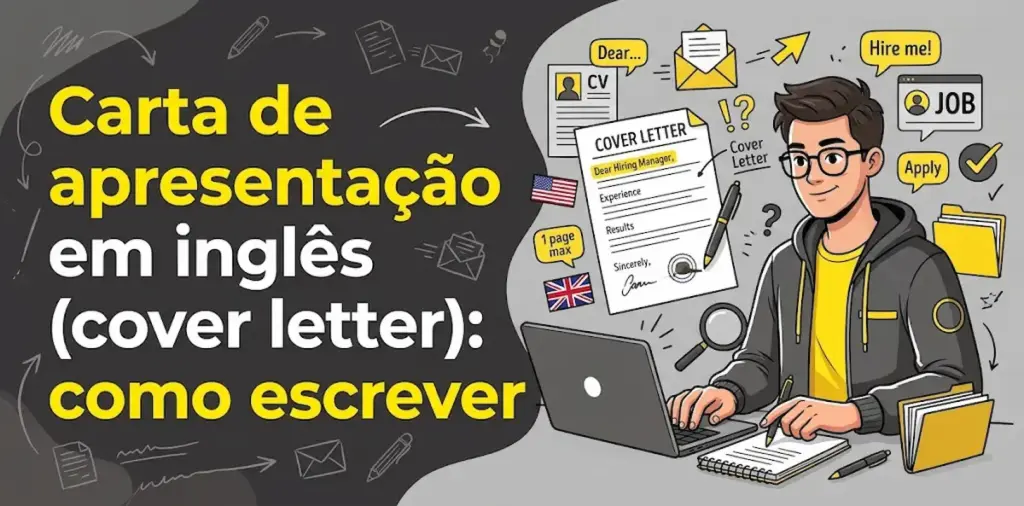 Carta de apresentação em inglês cover letter como escrever: imagem ilustrativa com um profissional utilizando laptop e fazendo anotações ao lado de um modelo de cover letter, currículo, envelope, balões com Dear... e Hire me!, botões Job e Apply, bandeiras dos EUA e Reino Unido e o logotipo da FourFlags Language Center