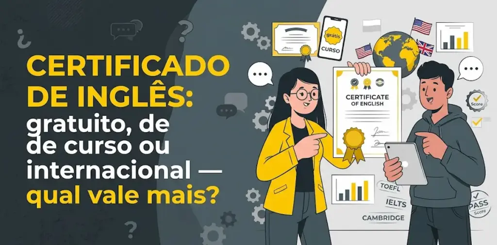 Certificado de inglês gratuito de curso ou internacional qual vale mais: imagem ilustrativa com dois estudantes exibindo um certificado de inglês, tablet, termos como TOEFL, IELTS e Cambridge, bandeiras dos EUA e Reino Unido e o logotipo da FourFlags Language Center