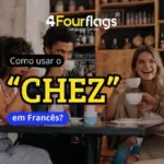 Como usar o chez em francês: imagem ilustrativa com grupo de amigos conversando e tomando café em uma cafeteria aconchegante, oferecido pela FourFlags Language Center
